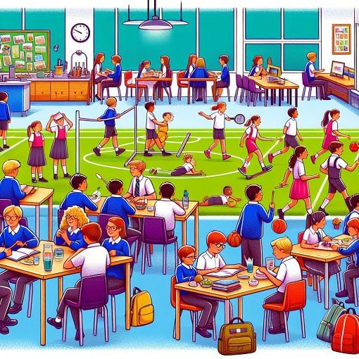 A vibrant illustration of a typical British school environment, showcasing students in classrooms, playing sports, and interacting during lunchtime.