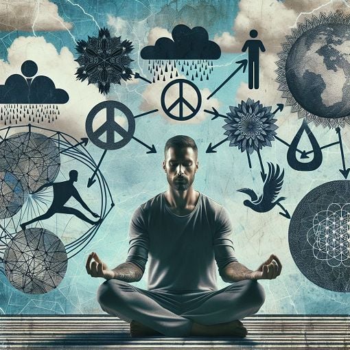 Create an image depicting a serene landscape with a person meditating, surrounded by elements representing stress like clouds or barriers, alongside symbols of coping like peace symbols or support networks.