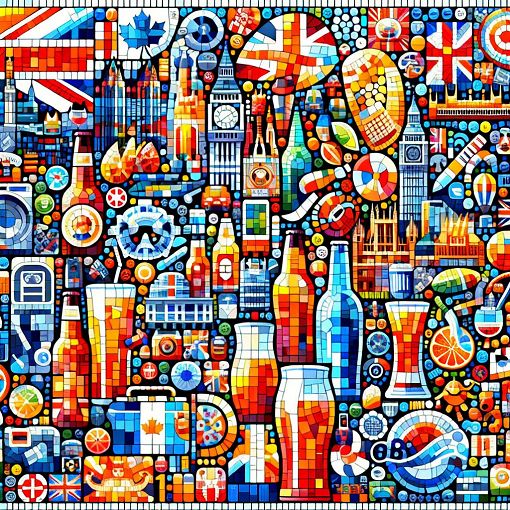 Create a vibrant and engaging illustration featuring a collage of drinks, famous UK cities, iconic films, country flags, popular websites, and TV show elements, all in a playful and colorful style.