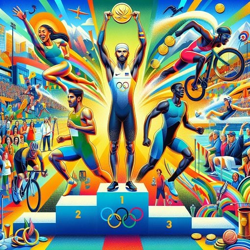 A vibrant collage showcasing Olympic sports such as track and field, swimming, and cycling with medals and a podium in the background, capturing the spirit of competition and excellence.