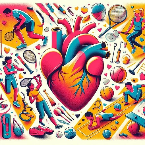 A vibrant illustration of a heart, sports gear, and people engaging in various physical activities, showcasing health and fitness themes.