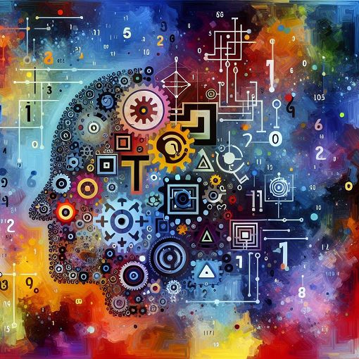 An abstract image representing logic and intelligence, featuring symbols of IQ tests, numbers, and gears on a colorful background.