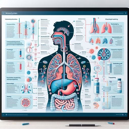 Generate an educational infographic about the respiratory system, featuring diagrams of airway anatomy, asthma management, and neurotransmitter roles in respiration, with a professional and engaging design.