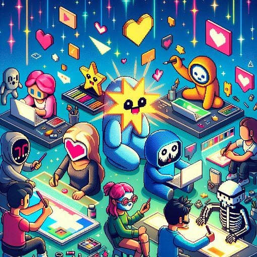 A vibrant digital art scene showing diverse Pixilart users engaging with their art, surrounded by colorful pixelated graphics and iconic characters like those from Steven Universe and UnderTale.