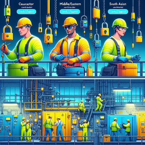 A safety-focused image depicting contractors utilizing lockout/tagout (LOTO) procedures, with bright yellow locks and clear safety signage on industrial equipment.