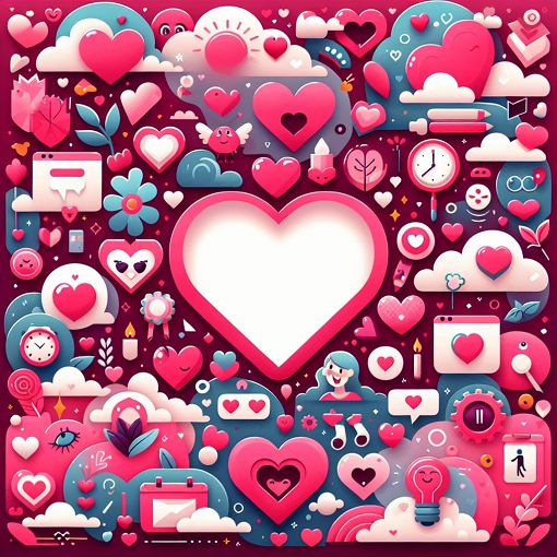 A whimsical illustration of a Valentine's Day scene with colorful hearts, romantic date ideas, and playful elements reflecting personality traits. The backdrop should be cheerful and engaging, appealing to a fun quiz audience.