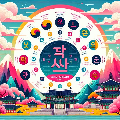 A colorful and engaging infographic showcasing the Korean alphabet (Hangeul) with its letters and sounds, set against a vibrant background that reflects Korean culture.