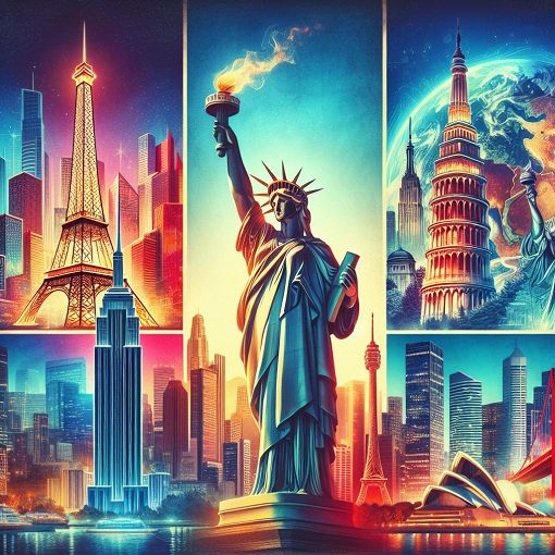 A colorful collage of famous cityscapes from around the world, including iconic landmarks like the Eiffel Tower, Statue of Liberty, and Tokyo skyline.