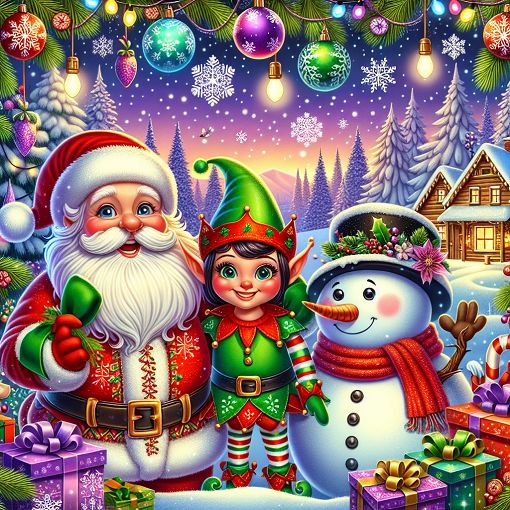 A vibrant, whimsical illustration of various Christmas characters like Santa, an elf, and a snowman, surrounded by festive decorations and snowflakes, with a cheerful winter background.