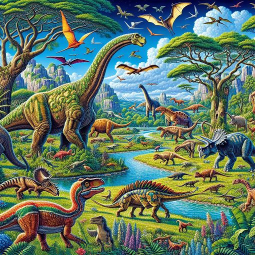 A colorful and whimsical illustration of various dinosaurs interacting in a vibrant prehistoric landscape, showcasing the diversity of dinosaur species and their environments