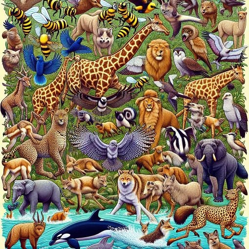 Create an engaging and colorful illustration featuring a variety of animals representing different teams, such as bees, parrots, giraffes, owls, jackals, eagles, meerkats, dolphins, kudu, leopards, servals, buffalo, and hawks, in a playful and vibrant setting, ideally suited for a quiz about animal teams.