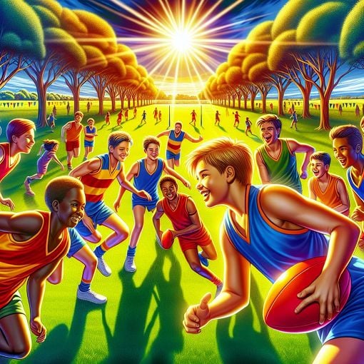 Create an image of a group of diverse kids playing Australian Rules Football in a park, with bright colors and a sunny atmosphere.