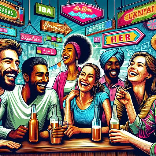 A vibrant and colorful illustration depicting young adults enjoying a lively bar atmosphere, surrounded by signs of different Demosdisputen, with elements of fun and friendship.