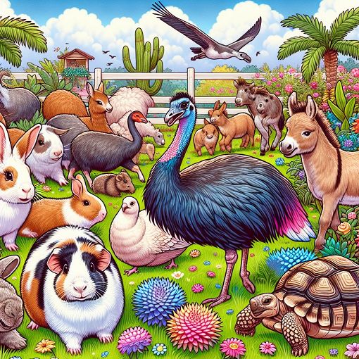 A vibrant, colorful illustration of various animals at a zoo or petting farm, including Guinea Pigs, Emus, Miniature Donkeys, and Sulcata Tortoises in a playful setting.