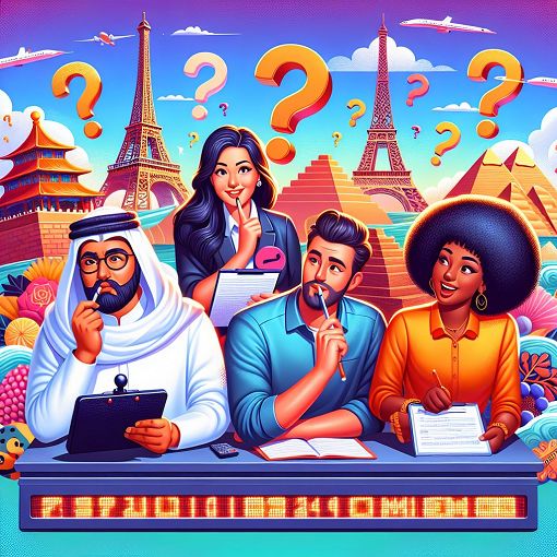 A colorful and engaging illustration featuring a diverse group of people taking a quiz together, with world landmarks in the background and question marks floating around them.