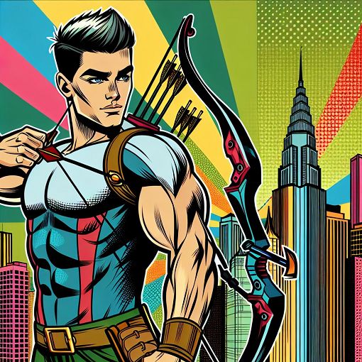 A colorful, comic-style illustration of Hawkeye in various costumes, showcasing his bow and arrows, against a vibrant city skyline.