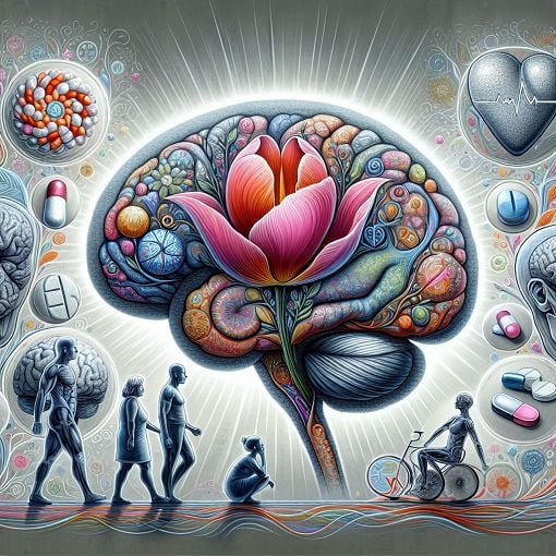 Create an educational and engaging illustration related to Parkinson's disease, showcasing the brain with related symbols like a tulip flower, people exercising, and medication. The image should evoke awareness and concern for neurodegenerative disorders.