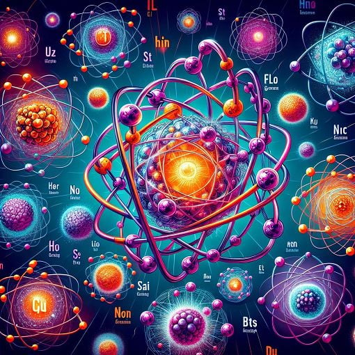 A colorful illustration of various chemical elements and their atomic structures in a vibrant, educational style.