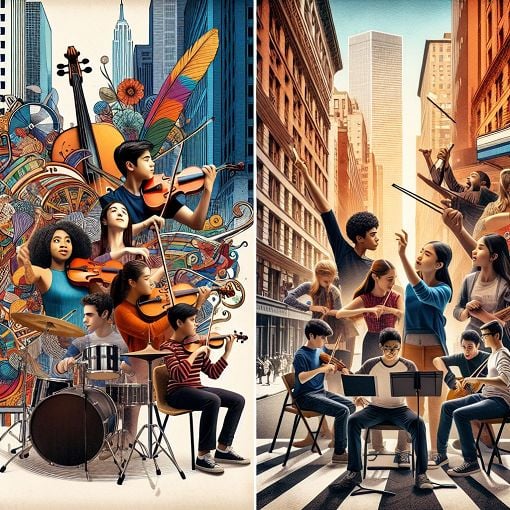 A vibrant and creative collage representing music and theatre schools, featuring students performing, playing instruments, and working together in an urban setting.