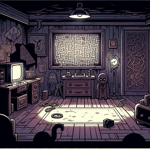 A cartoonish depiction of a mysterious game room with elements reminiscent of Petscop, including a retro-style console, shadowy figures, and cryptic symbols on the walls.