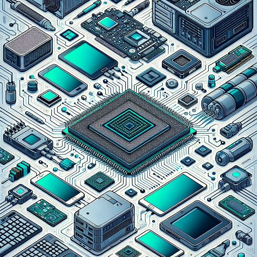 A visually engaging illustration representing fundamental concepts of information and communication technology, featuring components like CPUs, RAM, and various devices connected to the internet.