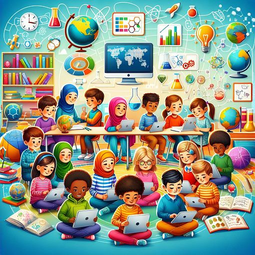 A vibrant and educational scene depicting children engaging with a quiz on tablets or computers in a colorful classroom, with visuals related to geography, sports, and science around them.