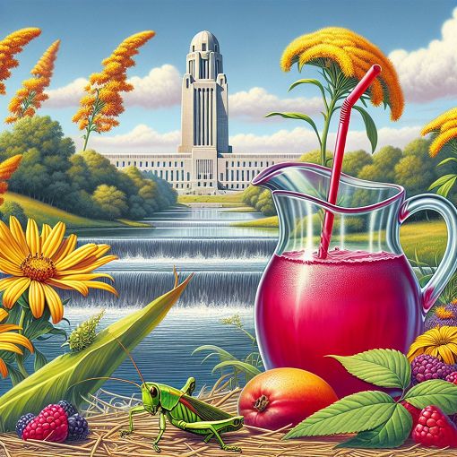 A vibrant and educational image depicting Nebraska's state symbols, including the Kool-Aid, the state flower (Goldenrod), and images of the Platte River, a grasshopper, and the Nebraska state capitol.