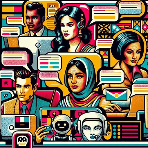 A vibrant, colorful illustration of various chat room moderators and bots engaging in lively discussions online, with a retro aesthetic reminiscent of the Mod culture.