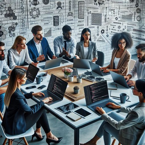 A modern office environment with professionals collaborating on web projects, laptops open, team members discussing, OneLink and OPE related graphics in the background.