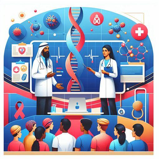 A vibrant and educational illustration showing a community health setting with diverse people learning about HIV and immunity, including visual elements like DNA strands, healthcare professionals, and awareness campaigns.