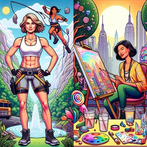 Create a vibrant, playful illustration of two distinct personalities represented by characters named Lara and Jade, set in a cheerful urban environment with whimsical elements that showcase their different interests and lifestyles.