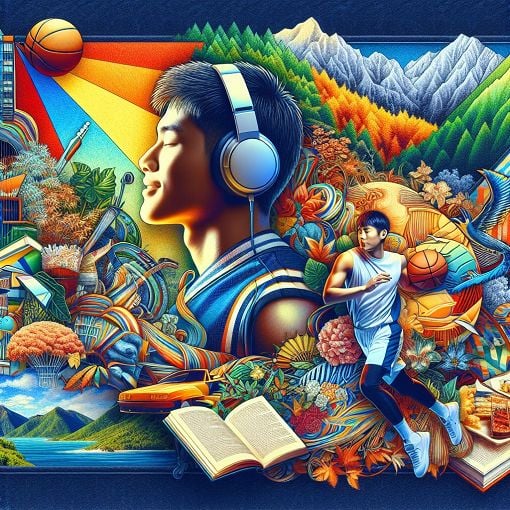 A vibrant collage depicting a young man enjoying music, basketball, and books, with Korean BBQ and scenic images from various countries in the background.