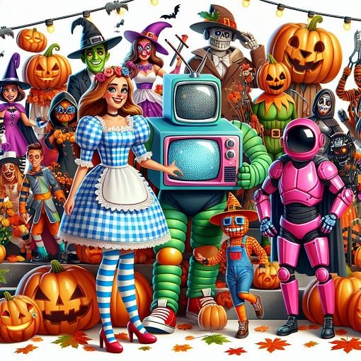 A colorful and festive Halloween scene with various costumes including Dorothy from the Wizard of Oz, a Teletubby, a Pink Power Ranger, and more, all set in a whimsical pumpkin patch with autumn leaves and Halloween decorations.