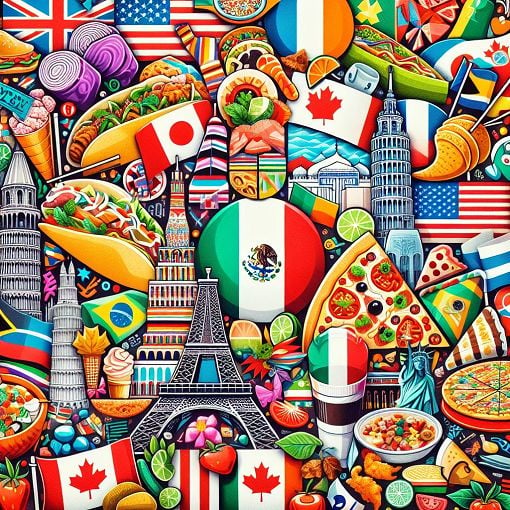 A colorful, engaging collage of different international foods, flags, and landmarks representing various countries around the world.