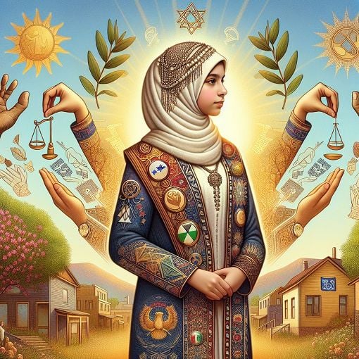 Create an image showcasing a young girl in a ceremonial outfit surrounded by symbols of leadership and community service, with a backdrop of a welcoming and supportive environment.