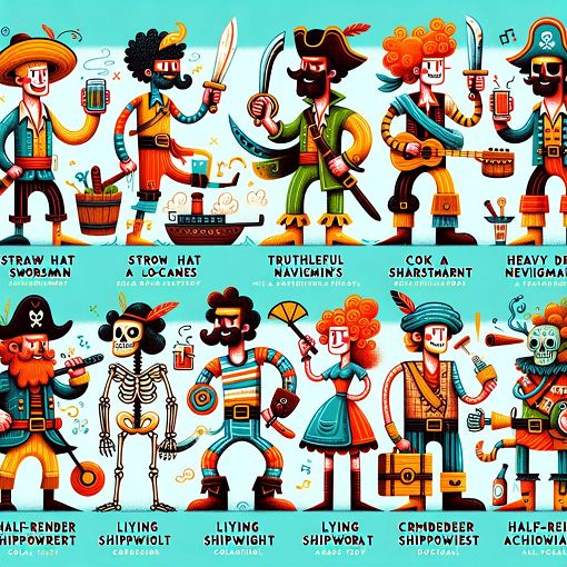 A vibrant and colorful illustration of the Straw Hat Pirates from One Piece, showcasing each character's unique personality in a whimsical setting.