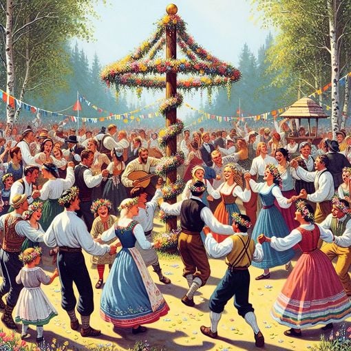 A vibrant midsummer celebration in Sweden, featuring a maypole decorated with flowers, people dancing, and a festive atmosphere with traditional Swedish attire.