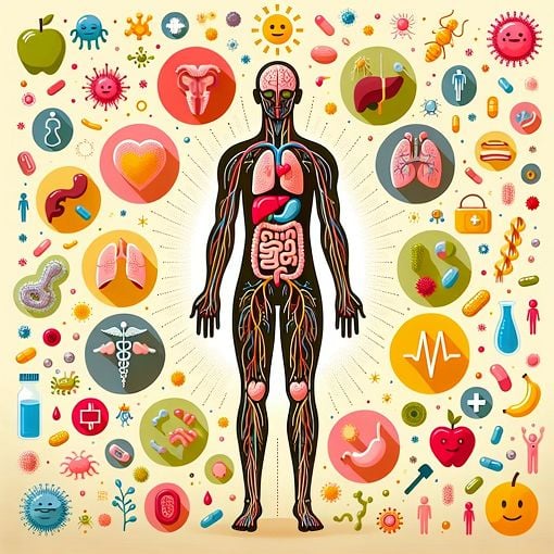 An educational illustration showing a human body with highlights on various organs, microbes, and health-related symbols against a bright background.