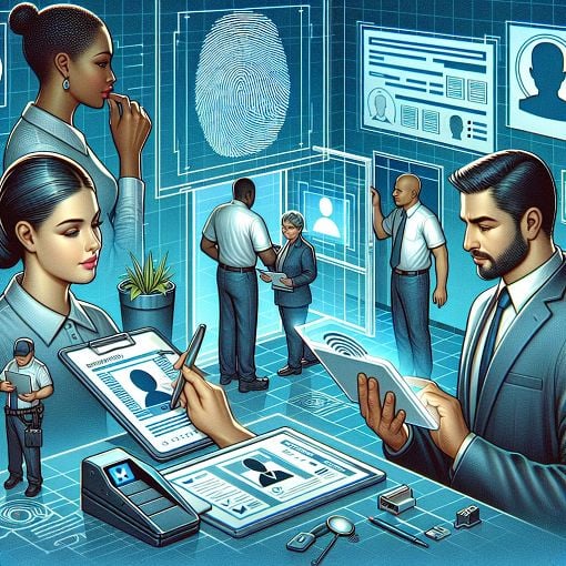 A detailed and informative depiction of an enrollment process, featuring a diverse group of people interacting with biometric devices, capturing demographic data, and a vibrant environment that conveys professionalism and modernization.