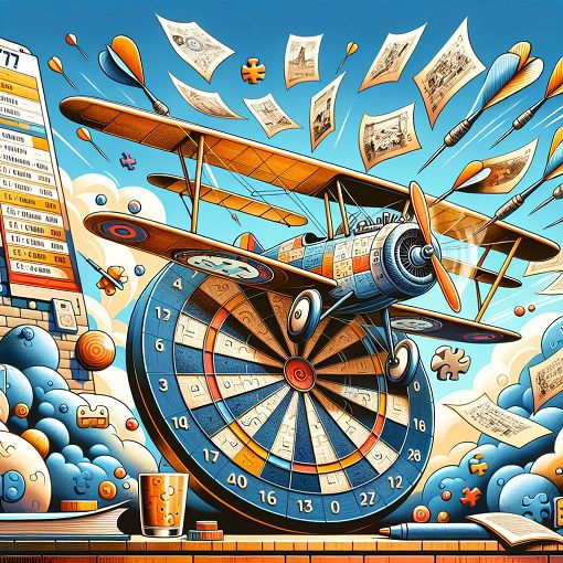 Generate an engaging quiz-themed image featuring historical and aviation elements, a pandemic-related symbol, and a dartboard, all artistically combined in a vibrant and colorful style.