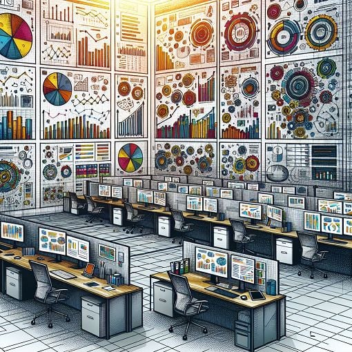 Create an illustration of a modern office environment with business charts, graphs, and financial documents, symbolizing learning and assessment in business.