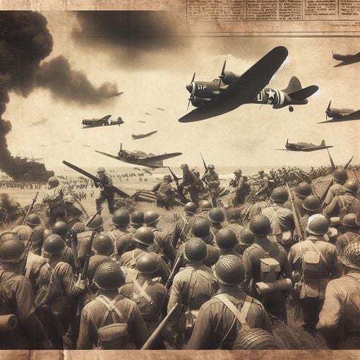 A historical scene from World War II, featuring soldiers, planes, and significant battles, with a vintage newspaper style overlay