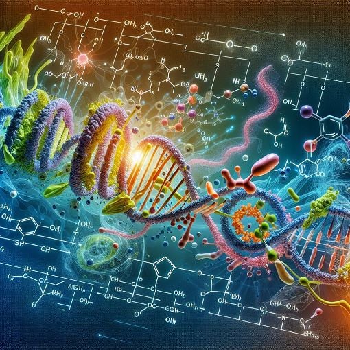 A vibrant illustration depicting cellular respiration processes, including glycolysis, the Krebs cycle, and fermentation, with colorful diagrams and molecular structures in a scientific style.