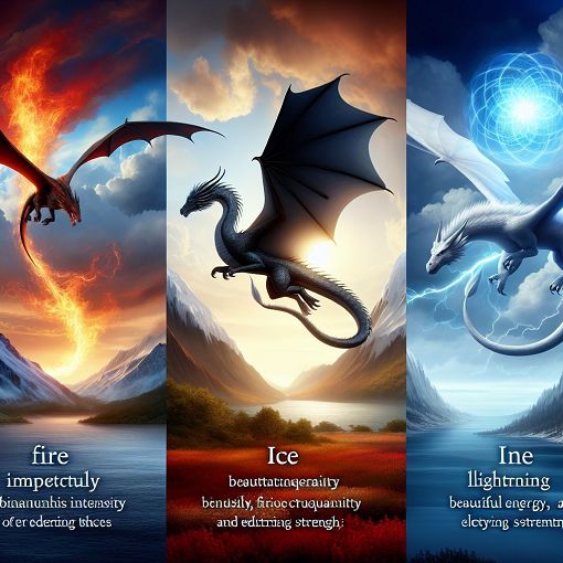 A majestic and powerful dragon soaring over a landscape, with elements of fire, ice, and lightning in its backdrop, representing different dragon types and choices.