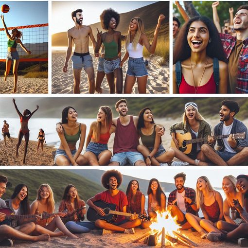 A vibrant collage representing different personalities and social scenarios, focusing on diverse young adults engaging together in fun activities.