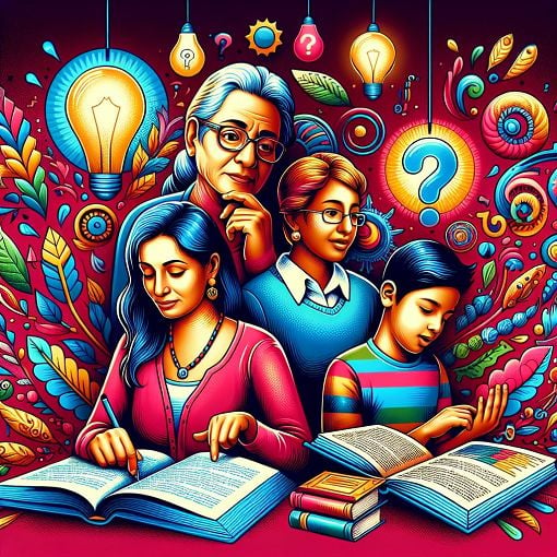 A colorful and engaging illustration depicting people of various ages studying and interacting with language books and tools, with question marks and lightbulbs representing learning moments.