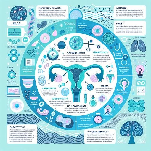 A visually engaging infographic showing symptoms and types of PCOS, incorporating elements like carbohydrates, stress, and hormonal imbalance, in soothing colors to appeal to individuals seeking health information.