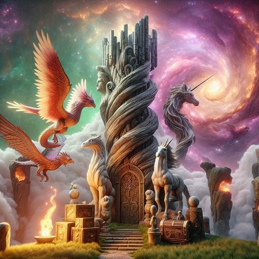 Create an illustration of a fantastical tower surrounded by mystical creatures, with a vibrant sky and ancient artifacts scattered around, representing various characters and themes from a fantasy adventure.