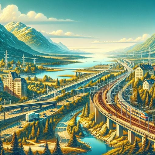 A scenic view of Swedish landscapes with highways and train tracks, symbolizing the transportation system and geography of Sweden, with vibrant colors and modern designs.