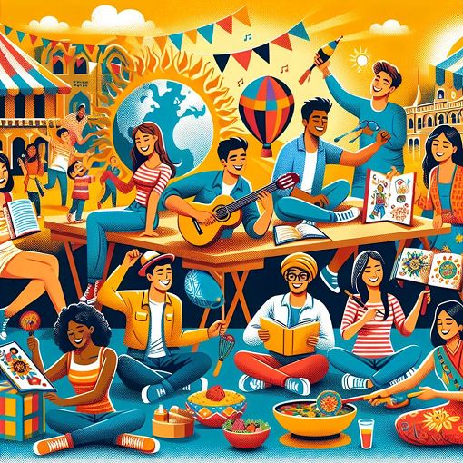 A vibrant and colorful illustration depicting a diverse group of young people engaging in various fun activities at an ESN event, showcasing culture, friendship, and adventure.